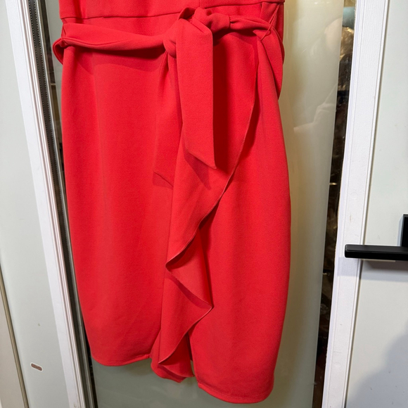 Donna Morgan Sheath Dress Coral Red Ruffle Hem Belted Size 10P Sleeveless - Picture 4 of 8